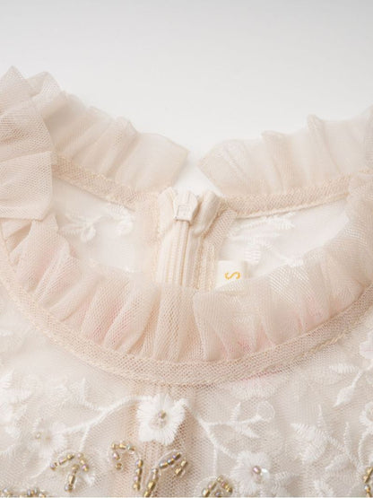 Pink string piece small flower mesh embroidered dress, 7 cm long flared sleeves, long dress, birthday party dress