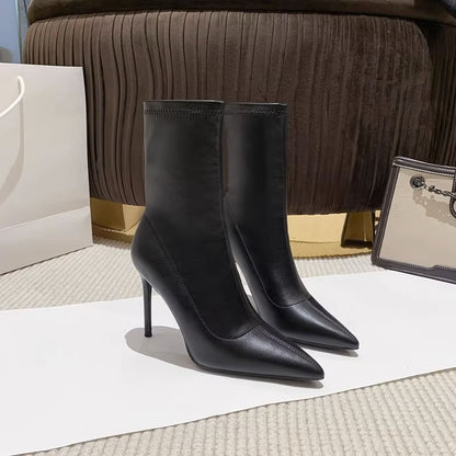2025  High heels short boots women's thin heels pointed popular new versatile spring and autumn single boots elastic thin socks boots winter velvet