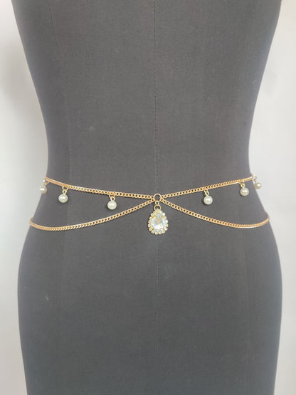 2025  MW3082 2025 waist chain crystal gemstone pearl grain pendant double layer cross metal thin chain waist chain