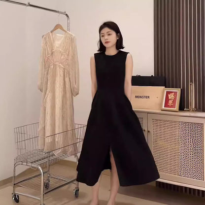 Black High-End Exquisite Dress  Spring New Women's Hepburn Style Slimming Vest Long Dress with High Texture