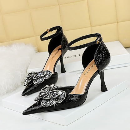 2025 8323-H23  banquet women's shoes high heel shallow mouth pointed head hollow word with hollow rhinestone bow sandals