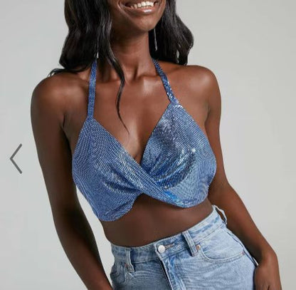 2025  MW3115 2025 vest nightclub sexy rhinestone inlaid bright diamond sequins cross neck chest top small vest