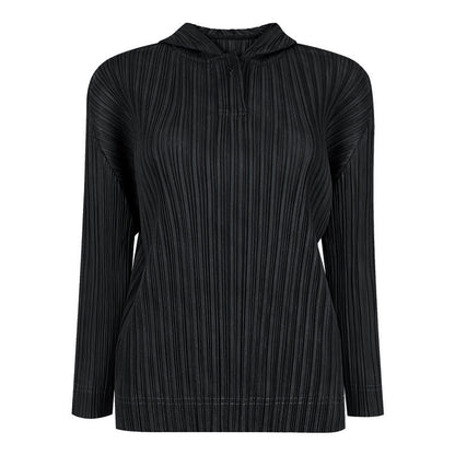 spring new solid color basic pleated t-shirt long-sleeved casual top design sense Korean version hooded sweater women