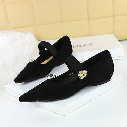 VAKKV 2025 3683-2K92 Korean version low heel wedge heel versatile suede light mouth metal decorative elastic band one word belt single shoes women