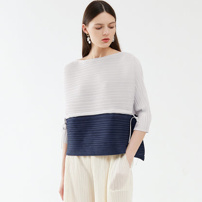 High-end splicing drawstring top, new spring spring loose contrasting color T-shirt, niche design women's clothing
