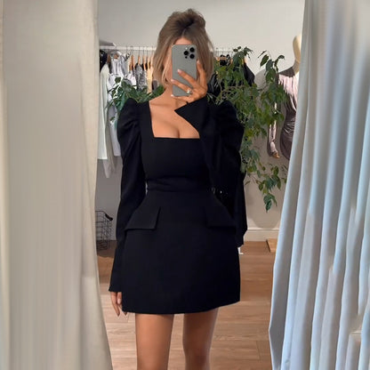 VAKKV 2025 Autumn and winter popular  style women's clothing new fashion temperament elegant slim square neck long sleeve short dress women