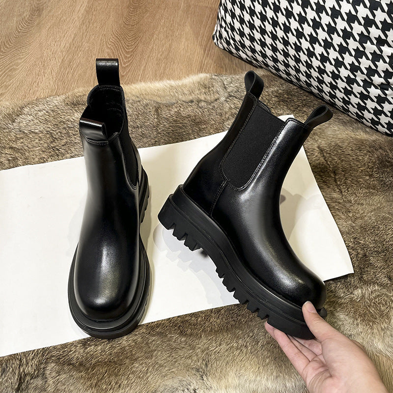 2025 Cowhide version~ New velvet platform short boots medium tube Chelsea boots versatile inner height increase casual Martin boots children