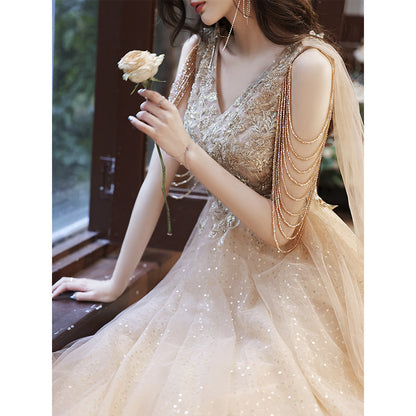Champagne Evening Dress for Women New  Summer Art Exam Temperamental Tassels Host Annual Party Banquet Dress in Stock