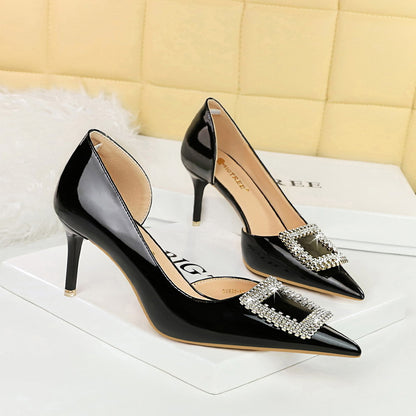 2025 638-AK63 banquet high heels women's shoes patent leather shallow mouth pointed side hollow square metal rhinestone buckle single shoes women