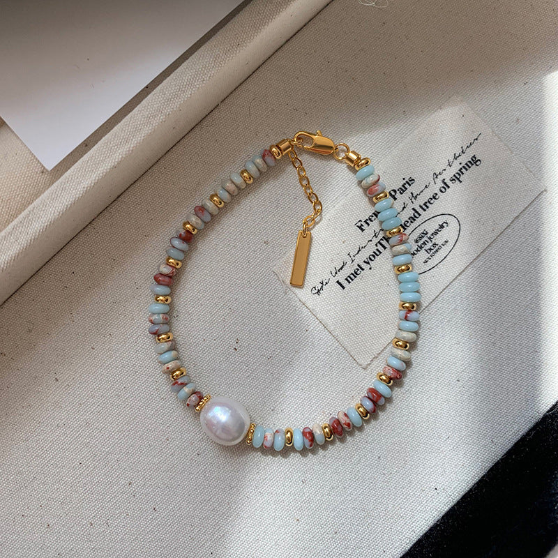 vakkv Natural Color Jasper Dopamine Pearl Necklace for Women Spring and Summer All-Match High Sense Niche Clavicle Necklace Ornament