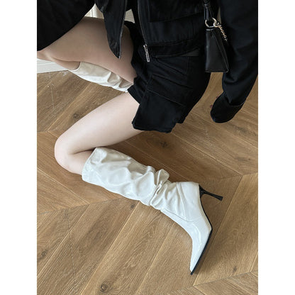 2025  2025 pointed-toed piled boots patent leather black boots women's high boots high-heeled knight boots brown thin-heeled boots