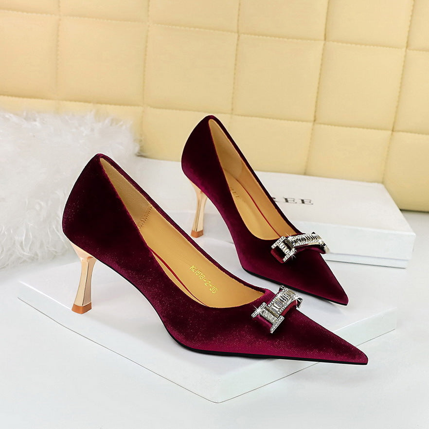 2025 1818-K80 banquet women's shoes high heels Xishi suede shallow mouth pointed rhinestone buckle metal decorative high heel single shoes