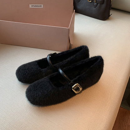 2025 Grape mother same autumn and winter new leather temperament ballet style word belt inner height increase fluff Mary Jane single shoes women
