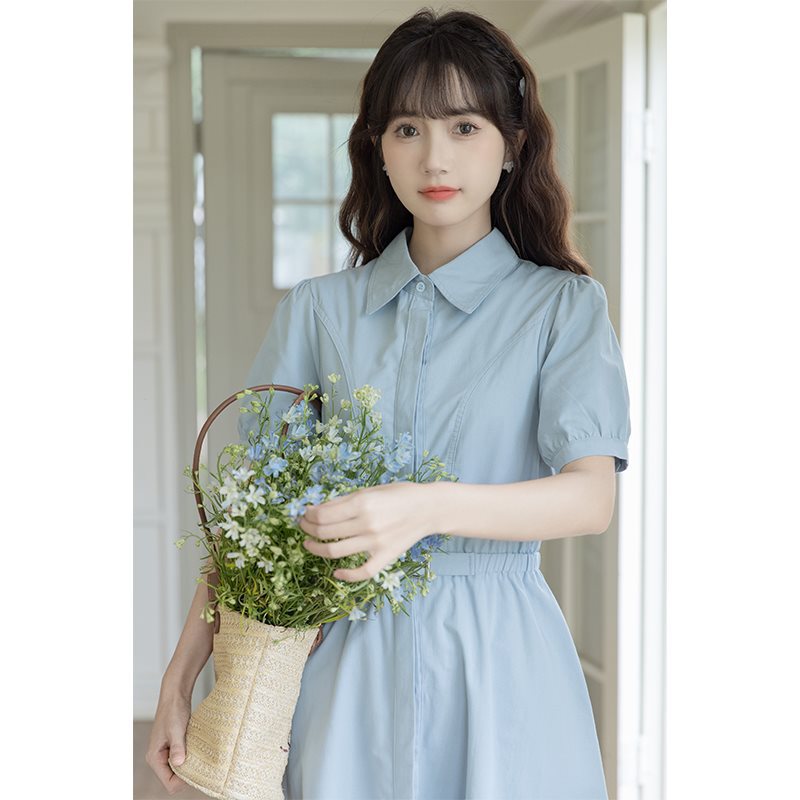 UGC Interview Blue Shirt Dress Women's Summer 2024 New College Style Waist Long Skirt Small Man