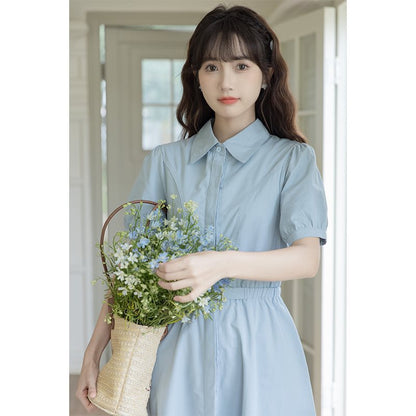 UGC Interview Blue Shirt Dress Women's Summer 2024 New College Style Waist Long Skirt Small Man