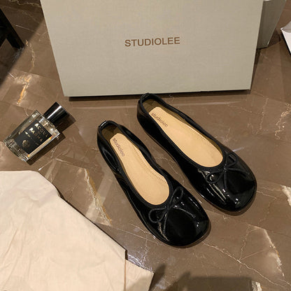 2025 Cowhide version~ Autumn new Korean version of versatile bow round head shallow mouth flat sole single shoes soft sole ballet shoes women