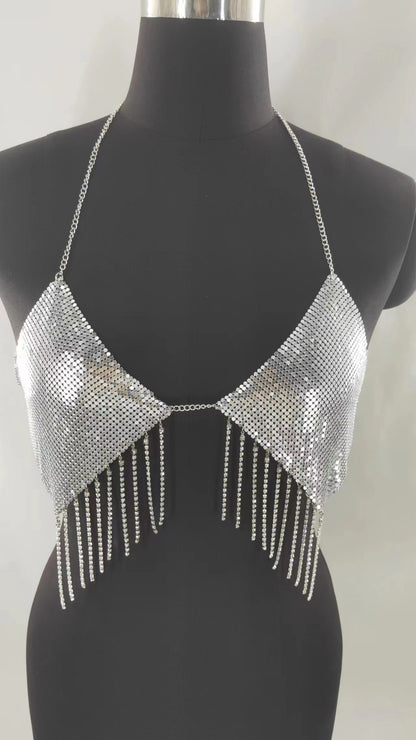 2025  MW3053 2025 vest rhinestone inlaid sequined diamond cloth fringed chain pendulum chain neck top small vest body chain