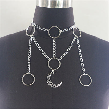2025  MW2885 2025 necklace fashion alloy hollow crescent small ring pendant metal chain necklace neck jewelry