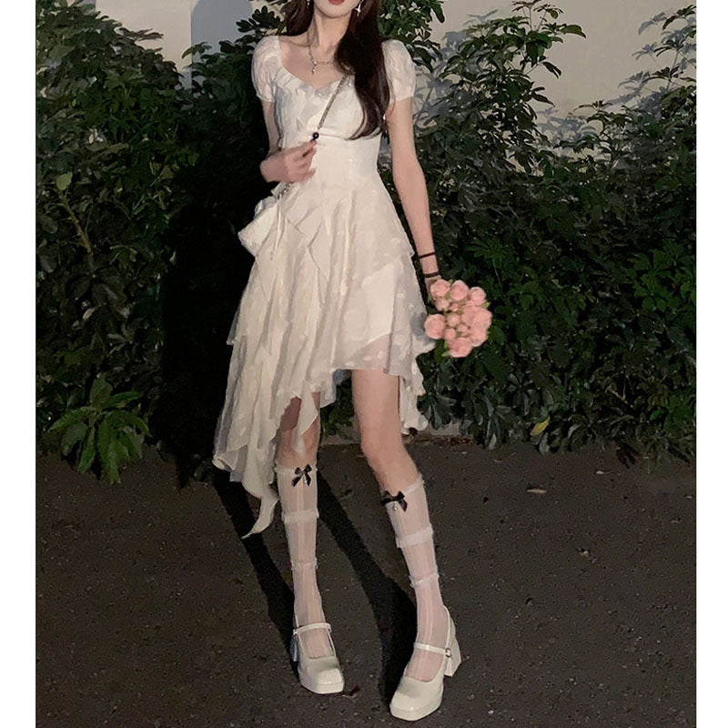 Tea Break Dress Women's Early Spring and Summer 2024 New Style White Ruffled Irregularly Slimming Short Skirt