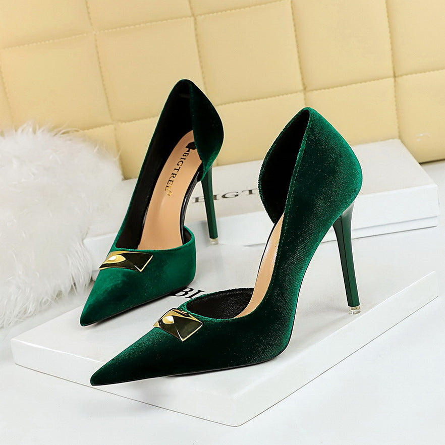 2025 1363-AK81  women's shoes thin heel high heel shallow mouth pointed side hollow metal decoration thickened suede single shoes