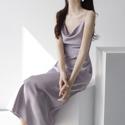 Tea Break  Strap Dress Women's Summer High-Grade Temperament Socialite Waist-Tight Hip Skirt Acetate Satin Skirt