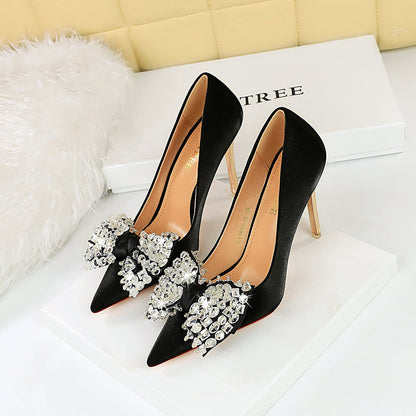 2025 1829-H9  banquet women's shoes metal heel super high heel satin light mouth pointed rhinestone bow single shoes