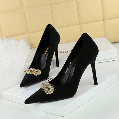 2025 3391-K31  style fashion simple high heels thin heel super high heel shallow mouth pointed tip shining rhinestone buckle single shoes