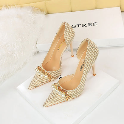 2025 8829-1 [Customized] High heels plaid pattern side hollow thousand bird grid pearl metal chain super high heel single shoes