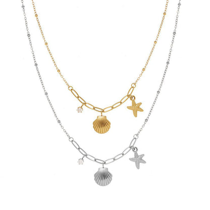 VAKKV Cross Border Ocean Style Mid-Ancient Shell Necklace Starfish Pearl Necklace Plated 18K Gold Color Protection