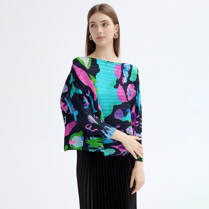 spring new space element design simple loose long-sleeved top women's print pleated T-shirt women's outside
