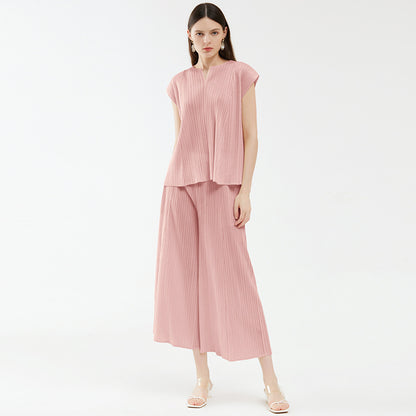 new summer women's clothing V-neck top fashion loose and thin wide-leg pants fashion suit casual two-piece set