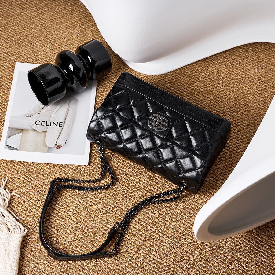 2025 Leather small square bag, first layer cowhide versatile chain women's bag, fashion diamond single shoulder messenger bag