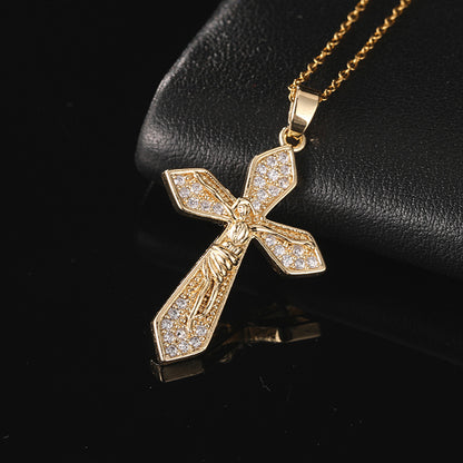 INS Vintage Gold Cross Necklace Personalized Pendant Zircon European and American Style Necklace Special-Interest Design Titanium Steel Clavicle Chain