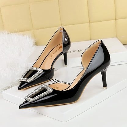 2025 638-AK28  style banquet glossy patent leather high heels women's shoes side hollow pointed metal rhinestone buckle single shoes
