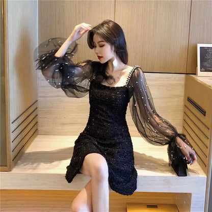 Spring women's new small fragrant temperament medium and long mesh splicing long sleeves waist and thin dress autumn