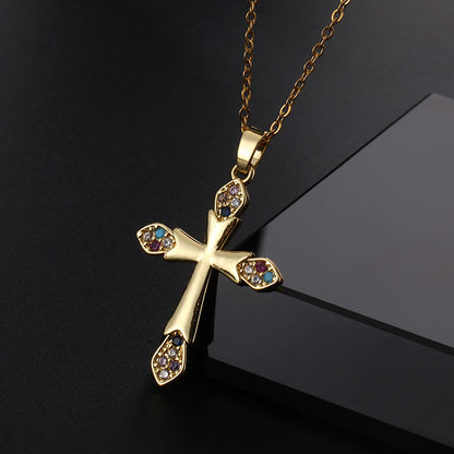 INS Vintage Gold Cross Necklace Personalized Pendant Zircon European and American Style Necklace Special-Interest Design Titanium Steel Clavicle Chain