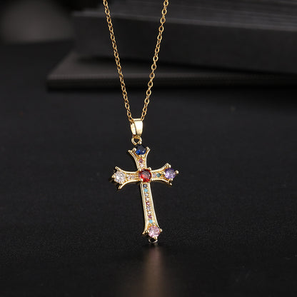 INS Vintage Gold Cross Necklace Personalized Pendant Zircon European and American Style Necklace Special-Interest Design Titanium Steel Clavicle Chain