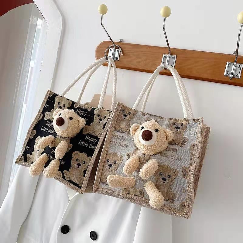 VAKKV Japanese ins cute bear lunch box bento bag  new fashion canvas Internet celebrity cartoon popular tote bag