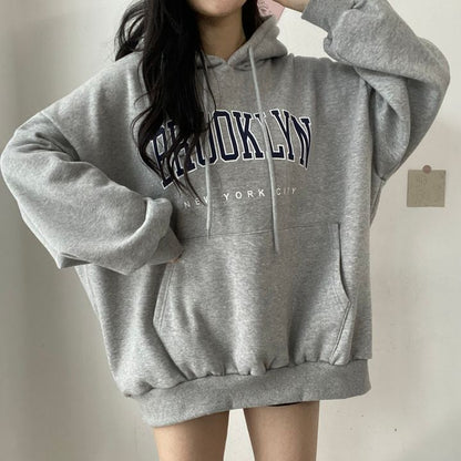 VAKKV Manufacturer tide brand Korean version letter hooded loose spring autumn and winter sweater women's medium and long velvet Japanese solid color lazy thin