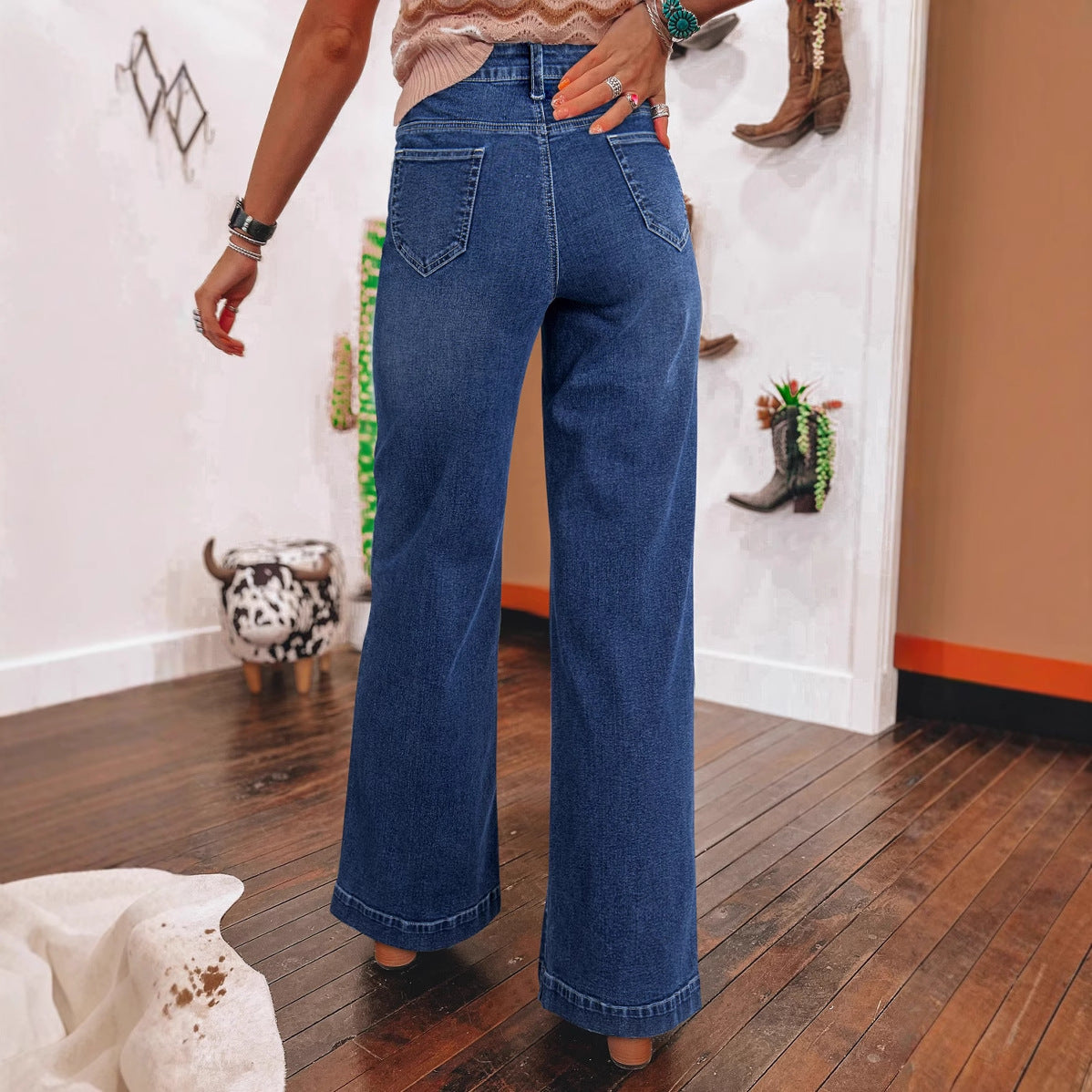VAKKV 2025 cross-border  spring 2025 new dark blue high-waisted wide-leg jeans women's fashion retro straight-leg pants