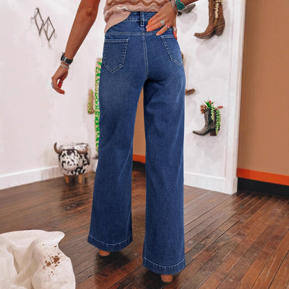 VAKKV 2025 cross-border  spring 2025 new dark blue high-waisted wide-leg jeans women's fashion retro straight-leg pants