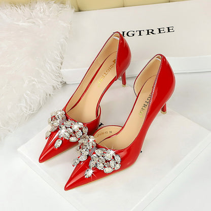 2025 638-AH19  light luxury banquet women's shoes high heel thin heel shallow mouth pointed side hollow rhinestone bow single shoes