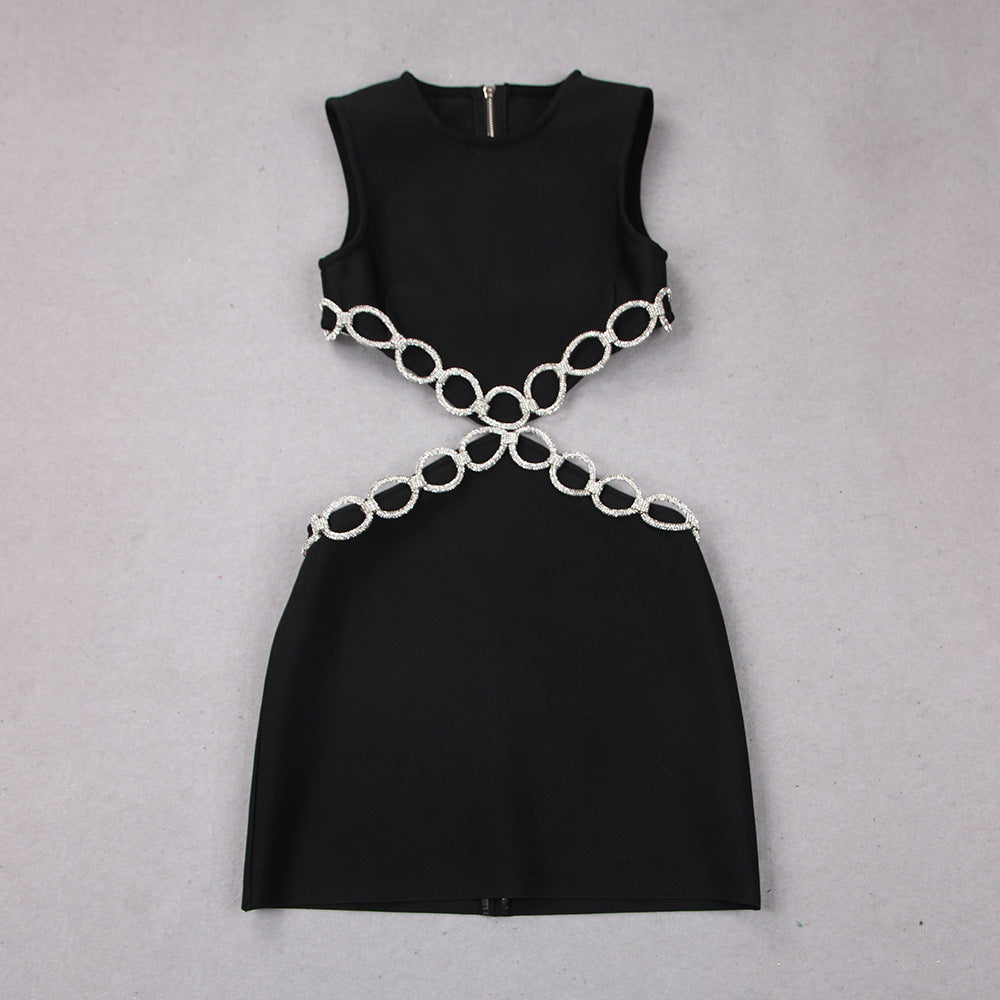 Summer New European and American Sexy Hollow Rhinestone Sleeveless Bandage One-Piece Dress Banquet Party Small Dress