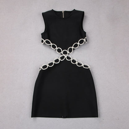 Summer New European and American Sexy Hollow Rhinestone Sleeveless Bandage One-Piece Dress Banquet Party Small Dress