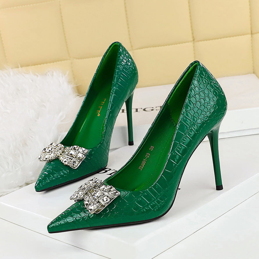 2025 3391-K51  thin banquet high heels, thin heel, super high heel, shallow mouth, pointed rhinestone bow buckle single shoes
