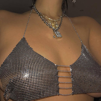 2025  YL2907 2025 vest rhinestone inlaid sequined diamond cloth material metal chain connected neck small vest body chain