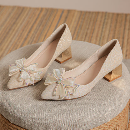 Style Pointed-Toe Fashion High Heels Women's Spring and Autumn New Chunky Heel Low-Cut Rhinestone Bow Temperament Wild Pumps