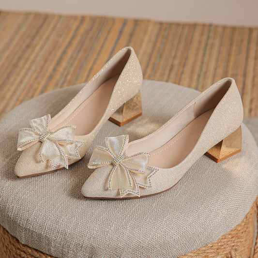 Style Pointed-Toe Fashion High Heels Women's Spring and Autumn New Chunky Heel Low-Cut Rhinestone Bow Temperament Wild Pumps