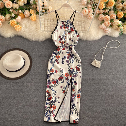 VAKKV Sexy A line Sleeveless Silk Satin Floral Dress Beach Summer Holiday Dress P250