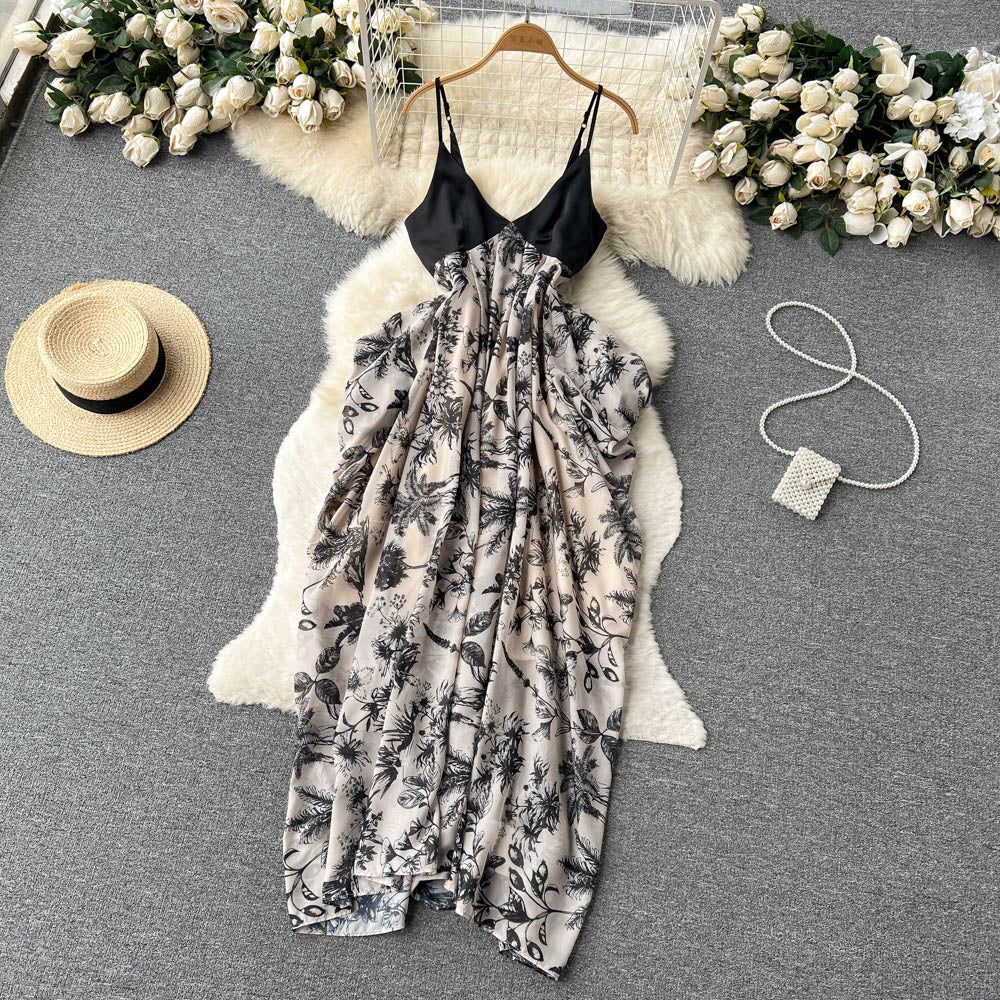 VAKKV Sexy V-neck backless dress female ink painting new suspenders irregular holiday dress P238